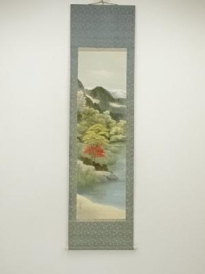 芝峰筆　湖畔の秋　肉筆紙本掛軸（共箱）